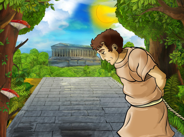 卡通场景与罗马或希腊战士海盗古代人物附近一些古老的建筑，如神庙图片下载