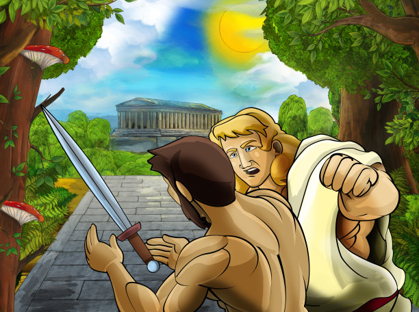 卡通场景与罗马或希腊战士海盗古代人物附近一些古老的建筑，如神庙图片下载