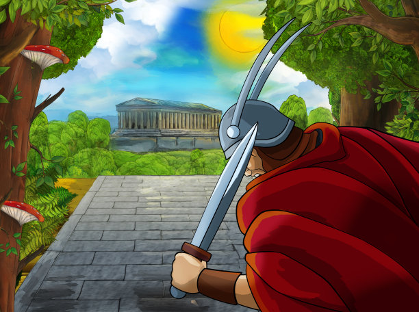 卡通场景与罗马或希腊战士海盗古代人物附近一些古老的建筑，如神庙图片下载