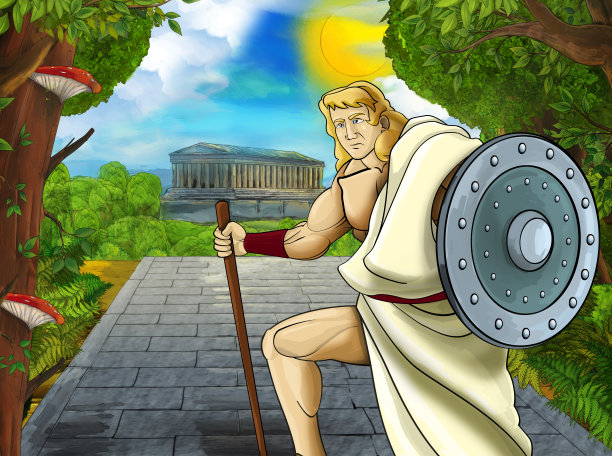 卡通场景与罗马或希腊战士海盗古代人物附近一些古老的建筑，如神庙图片下载