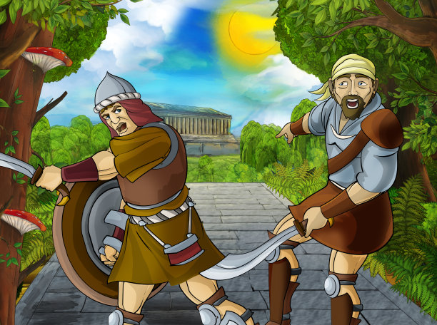 卡通场景与罗马或希腊战士海盗古代人物附近一些古老的建筑，如神庙图片下载