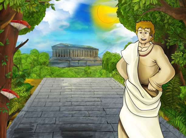 卡通场景与罗马或希腊战士海盗古代人物附近一些古老的建筑，如神庙图片下载