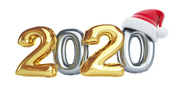 铝箔气球2020金色新年圣诞帽白色背景3D插图，3D渲染图片下载