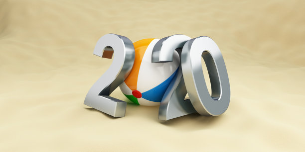 2020年新年沙滩上，沙滩球3D插图图片下载