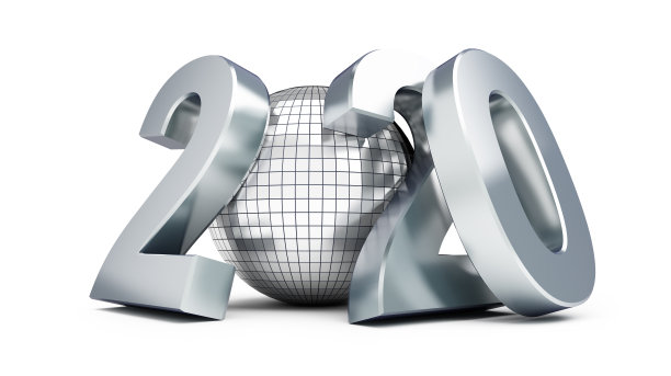 新年2020迪斯科球上的白色背景3D插图，3D渲染图片下载