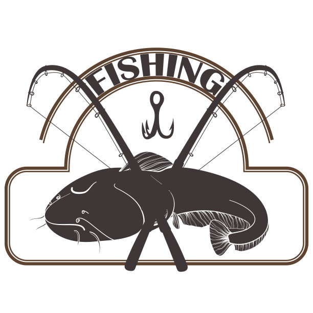 钓鱼的标志。鲶鱼。钓鱼矢量插图。孤立在白色的。图片下载