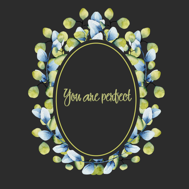 椭圆形框架与水彩草本和桉树枝，手绘在一个黑暗的背景，设计完美的婚礼图片下载