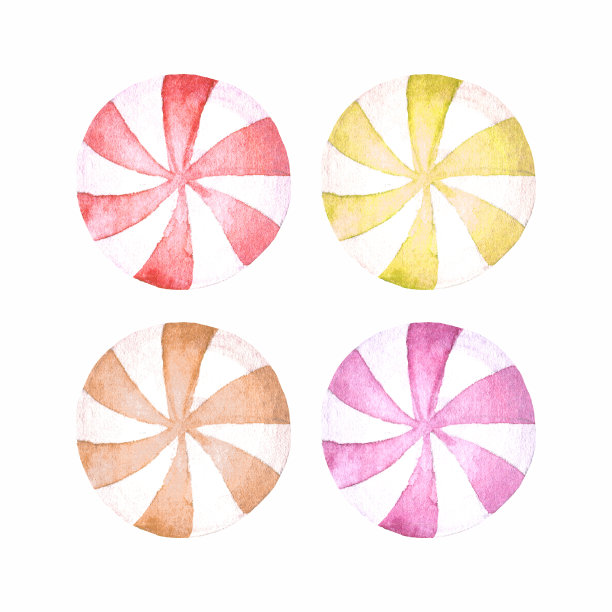 一套水彩条纹薄荷糖。圆的漩涡糖果。手绘元素的设计孤立在白色背景素材图片