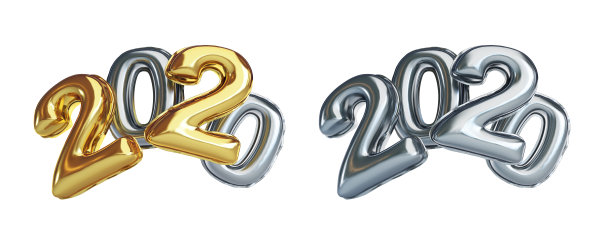 铝箔气球2020金色新年在白色背景3D插图，3D渲染图片下载