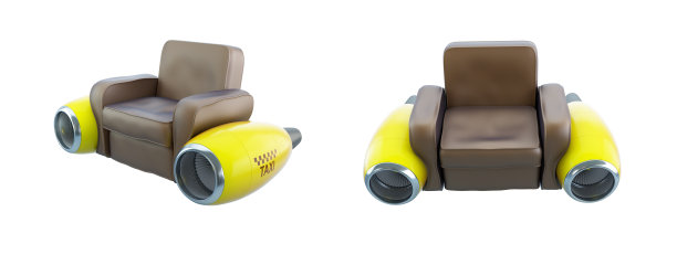 座位出租车与飞机引擎，空中出租车上的白色背景3D插图，3D渲染图片下载