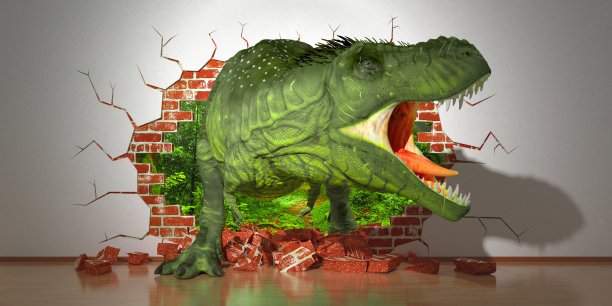 恐龙从墙上的断层里爬出来图片下载