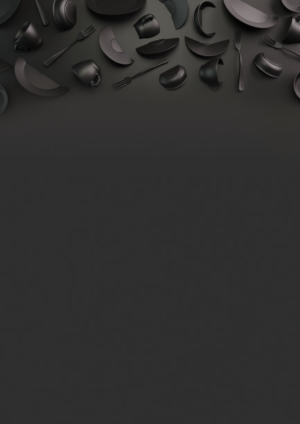 黑色食物背景概念设计菜单餐厅或咖啡馆。复制您的标识空间。食物的传单。配合陶瓷盘子和盘子。深色背景上放着灰色的咖啡杯和咖啡碟。三维渲染图片下载