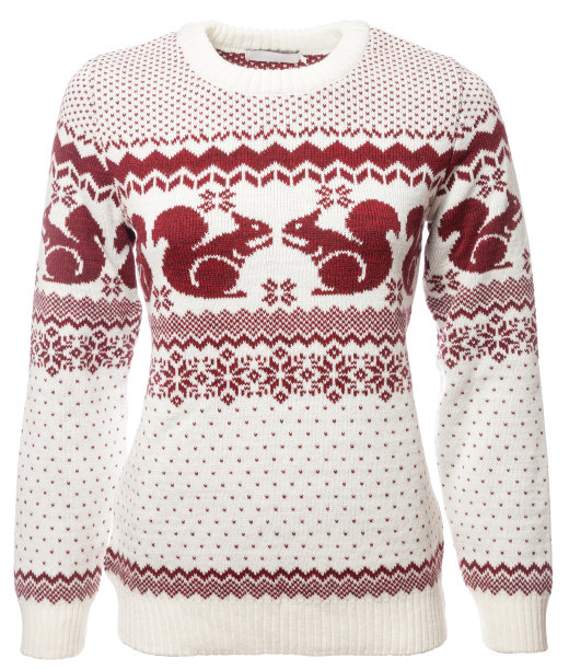 白色针织毛衣与红色松鼠几何装饰的女性人体模型孤立的白色图片下载