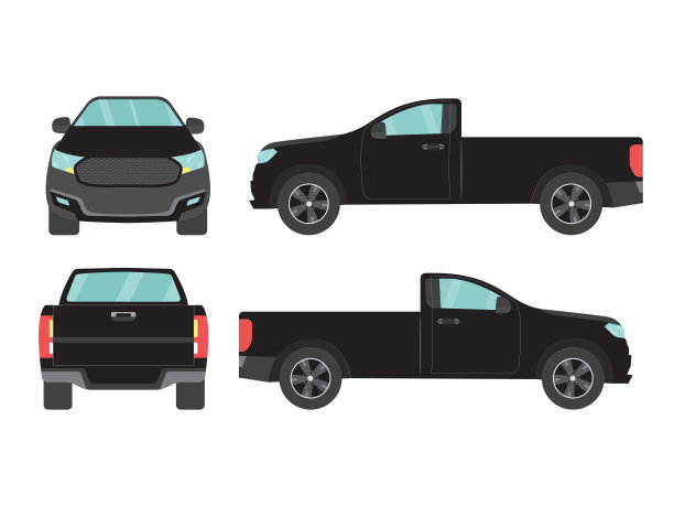 一套黑色皮卡单驾驶室汽车视图上的白色背景，插图矢量，侧面，前，后图片下载