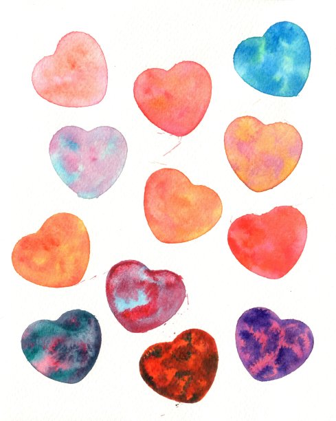 用水彩颜料画的带有小流动污点的心。图片下载