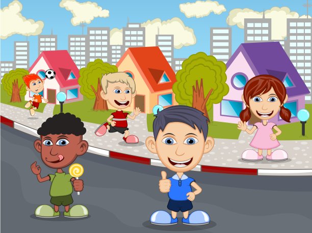 孩子们在街上玩矢量漫画插图图片下载
