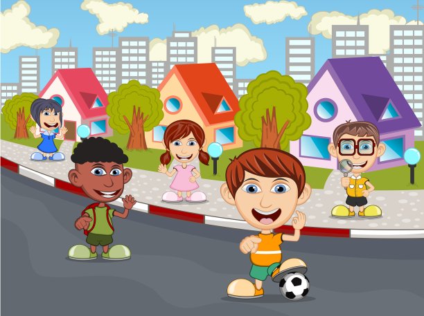 孩子们在街上玩矢量漫画插图图片下载