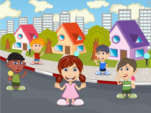 孩子们在街上玩矢量漫画插图图片下载