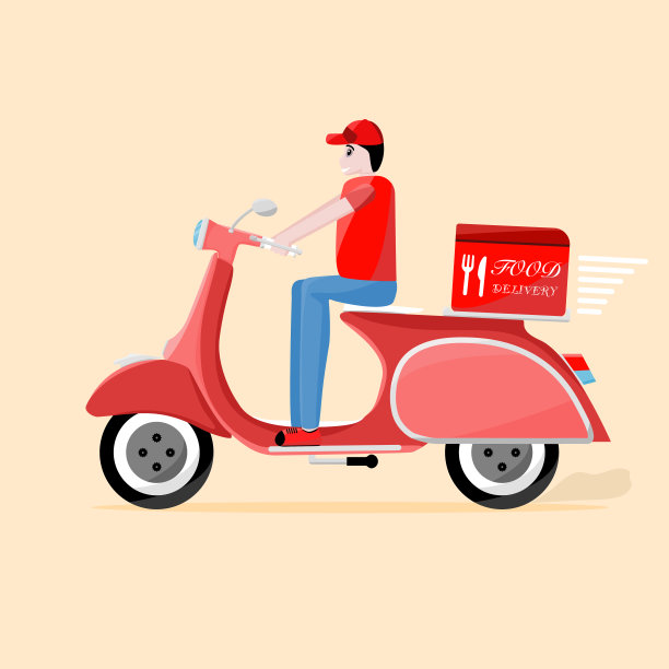 外卖员骑摩托车卡通矢量插画图片下载