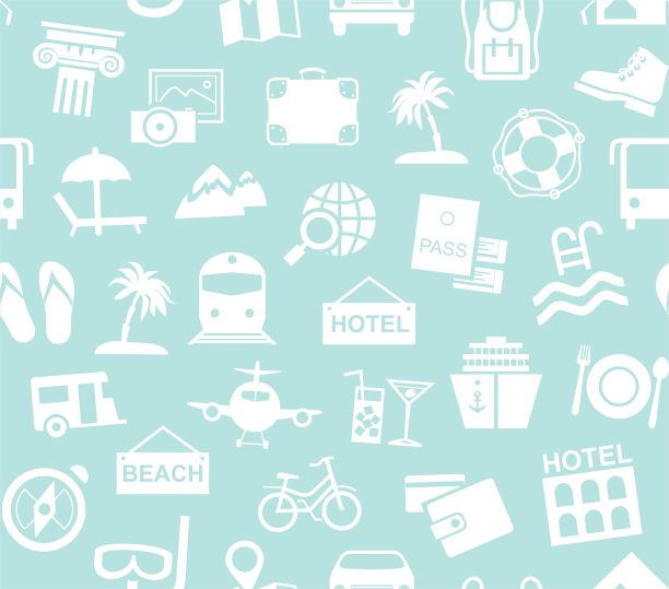 旅游、度假、旅游、休闲、无缝格局、单色、蓝色、矢量。图片下载