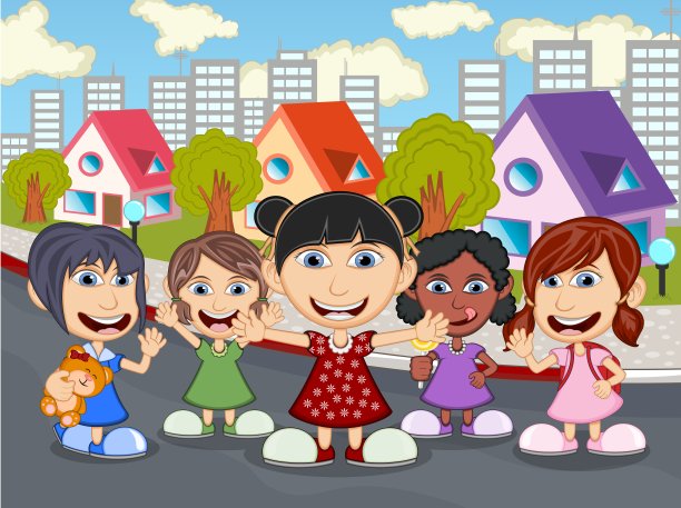 孩子们在街上玩矢量漫画插图图片下载