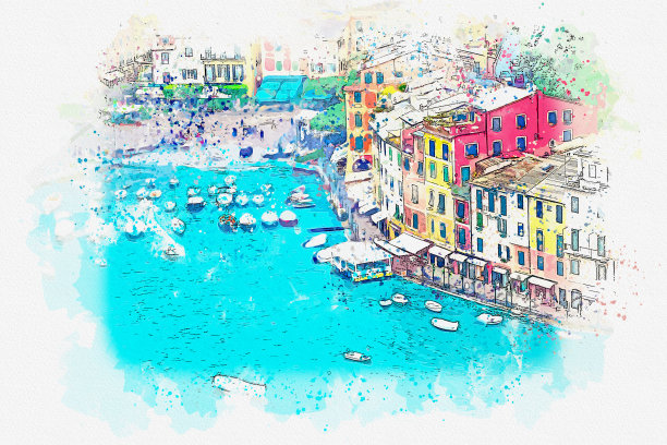 意大利著名小镇波托菲诺风景水彩画明信片。图片下载
