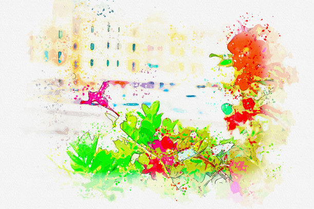 意大利著名小镇波托菲诺风景水彩画明信片。图片下载