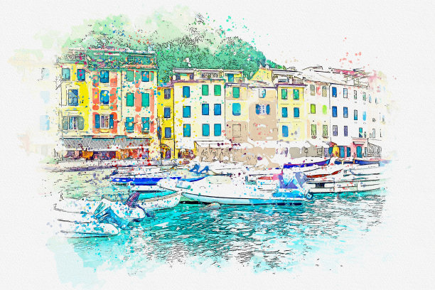 意大利著名小镇波托菲诺风景水彩画明信片。图片下载