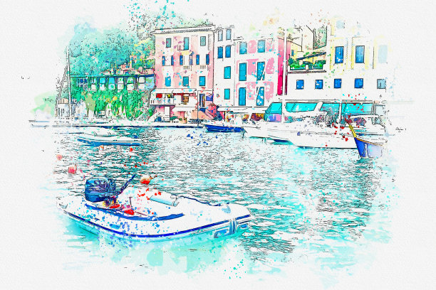 意大利著名小镇波托菲诺风景水彩画明信片。图片下载