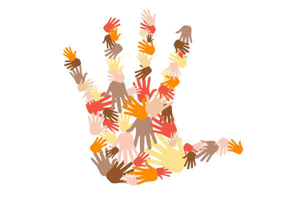 许多人举起五颜六色的手，不同肤色的色调排列成手掌的形状。图片下载