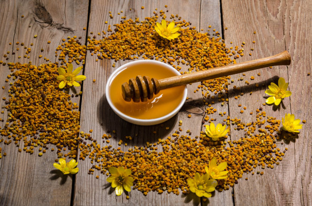 蜂蜜在玻璃碗，花粉和黄色的花在周围的木制背景图片下载