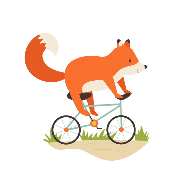 有趣的小狐狸骑着自行车。矢量插图。动物角色设计。婴儿印花孤立在白色背景图片下载