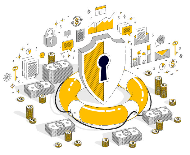 财务安全保护理念，救生圈和盾牌与现金的钱堆和硬币隔离白色。等距3d矢量财务插图与图标，统计图表和设计元素。图片下载