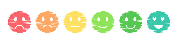 一组用来评估评分的表情。多色的微笑，从坏到好的情绪。图片下载