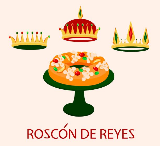 国王蛋糕的节日圣诞插画在展台上，传统的西班牙糕点罗斯孔德雷耶斯。西班牙主显节家庭假日，纪念东方三智者雷耶斯马戈斯、梅尔基奥、加斯帕、巴尔塔扎图片下载