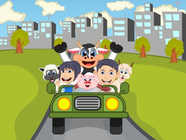 快乐的孩子，牛，羊在汽车与城市背景卡通矢量插图图片下载