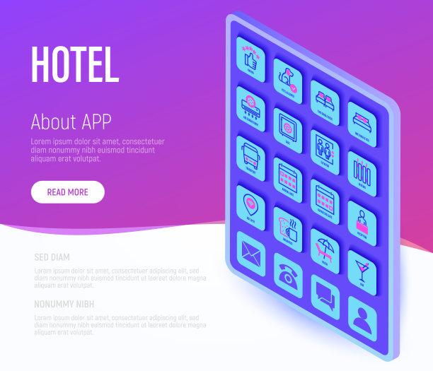 酒店网页模板与复制空间。平板电脑上的按钮与细线等距图标。评级，允许宠物，单人床，双人床，电梯，到达日期，离开日期，供暖，接待，无线网络。矢量图图片下载