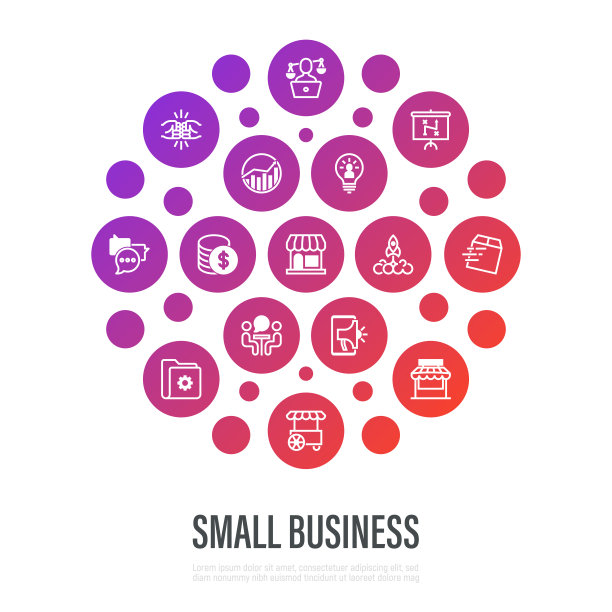 小的商业概念在圆形的形状。细线图标。市场、市场摊位、送货上门、求职面试、联合工作、创业、数字营销、金融、成长图、合伙、自雇。矢量插图。图片下载