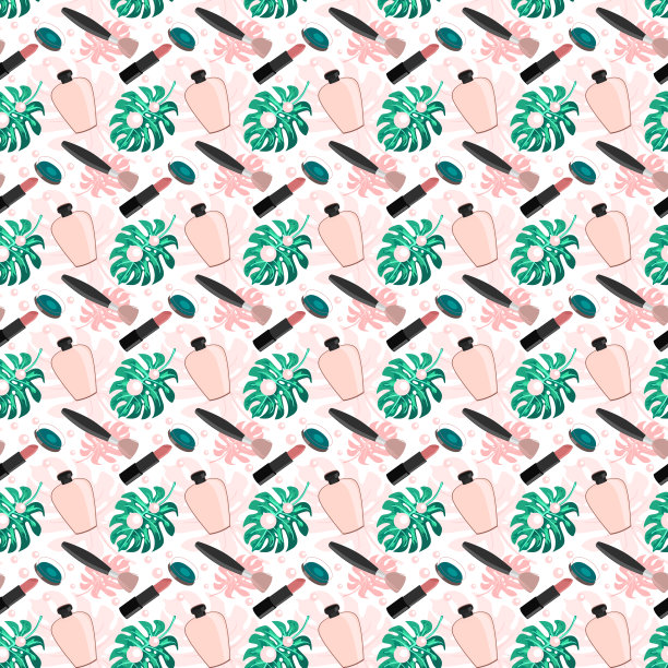 无缝图案与怪物的叶子，口红，香水，眼影和化妆刷。图片下载