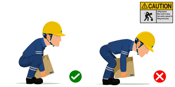 一组工人正在用正确和错误的方法搬运纸箱。图片下载
