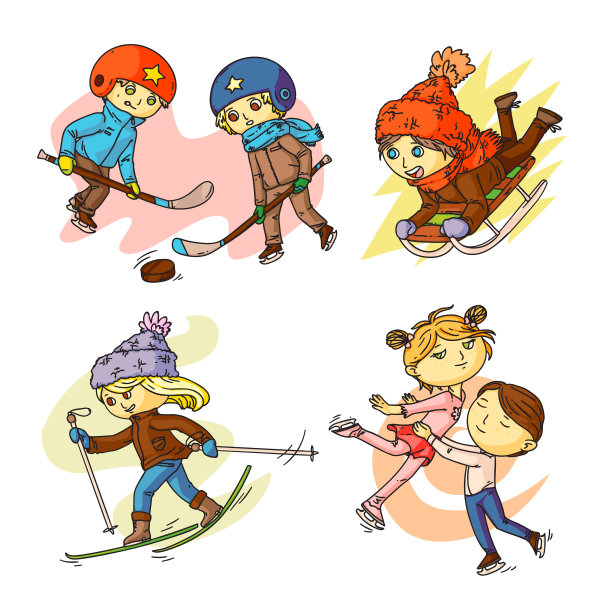 儿童冬季运动卡通插图集图片下载