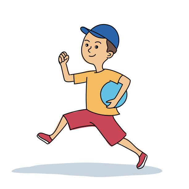 快乐的可爱男孩在白色背景上跑步玩球图片下载