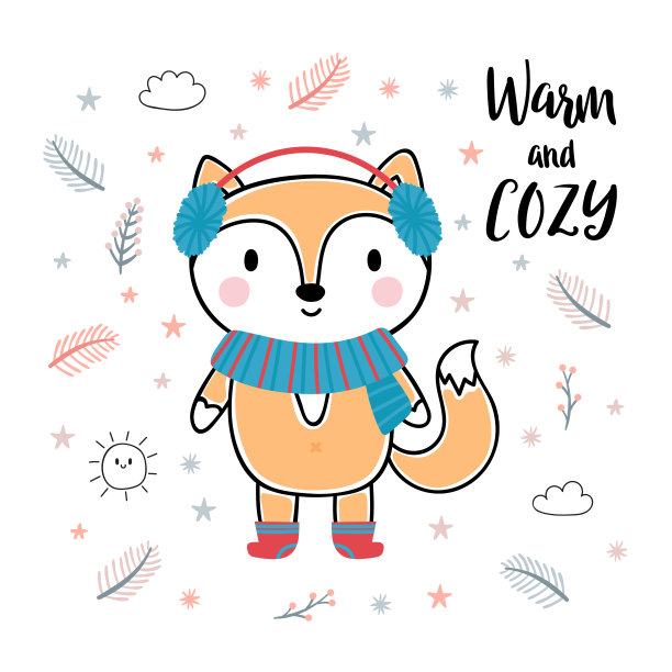 可爱的小狐狸的圣诞贺卡。有趣的冬季动物，卡通人物。灵感短语温暖舒适。手绘字体。印刷问候明信片设计图片下载