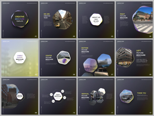 最小的手册模板与彩色六边形，六角形的形状。封面设计模板为方形传单，传单，小册子，报告，演示，博客，社交媒体广告，在线促销。图片下载