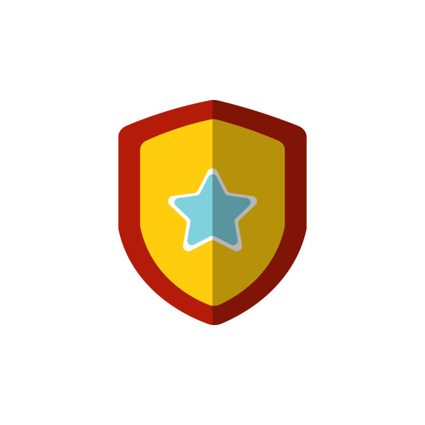 矢量卡通平面插图的盾牌与星徽在它上，孤立在白色的背景。盾和星号标志图标矢量标志模板插图设计图片下载
