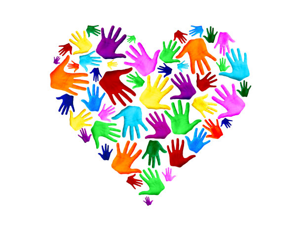 彩色心形的手掌孤立在白色的背景上，复制空间作为爱，和平，互助，团聚，社会纽带的象征图片下载