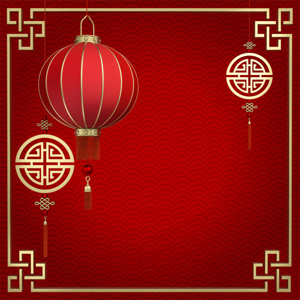 红色背景上的中国灯和金币3d渲染。3d插图祝福幸福，富裕，繁荣和长寿。图片下载