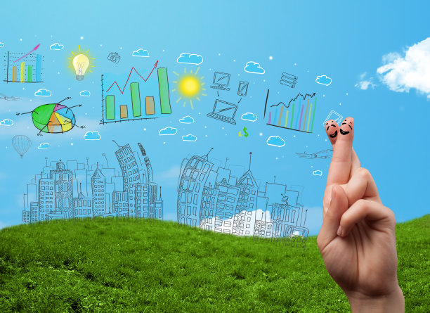 幸福的笑脸手指看着手绘的城市城市景观图片下载