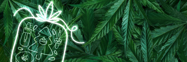 创意荧光圣诞背景布局从大麻叶，大麻和霓虹灯标志的礼物。平把横幅图片下载