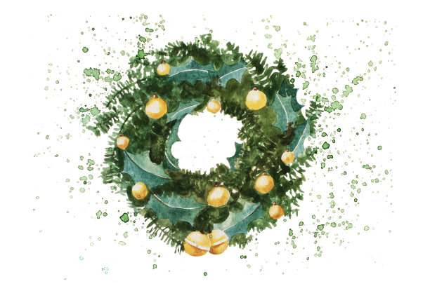 水彩圣诞插图与门花环图片下载